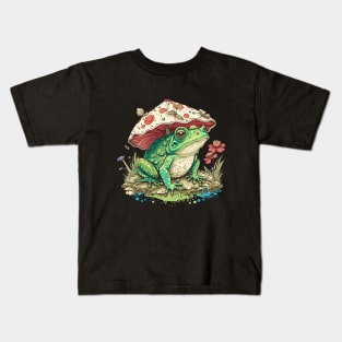 Cottagecore Aesthetic Frog under Mushroom Vintage Kids T-Shirt